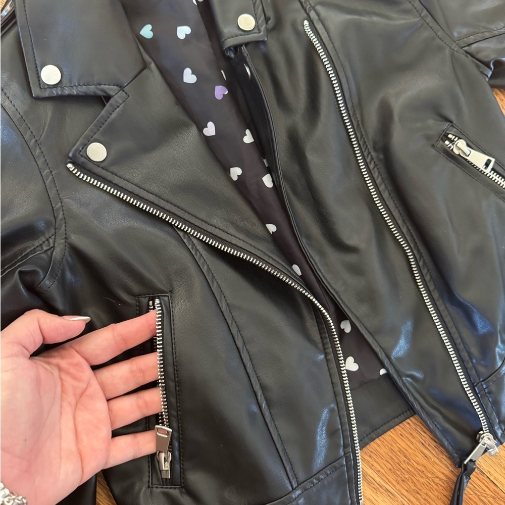 H&M Black Faux Leather Jacket with Heart Print Lining
